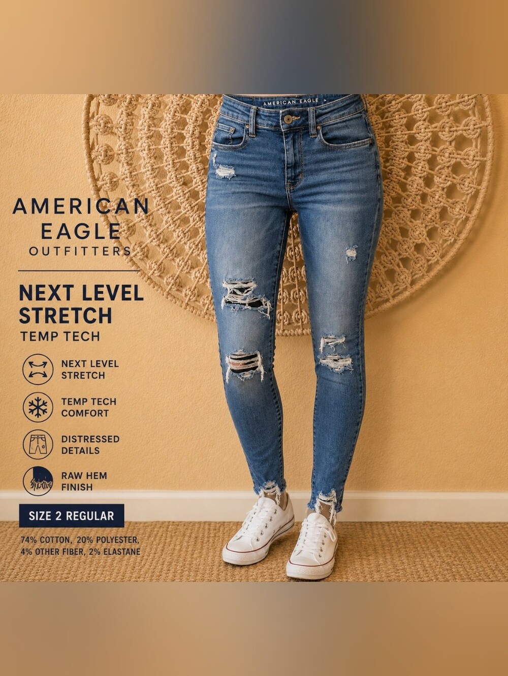 American Eagle Next Level Stretch Distressed Skinny Jeans Women’s 2 Regular